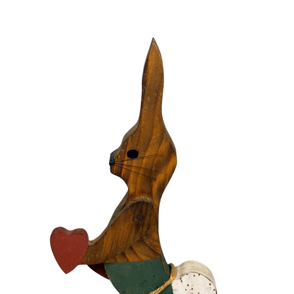Vintage Folk Art Wooden Bunny Rabbit with Hearts Figurine 12.5" Primitive - Picture 3 of 13